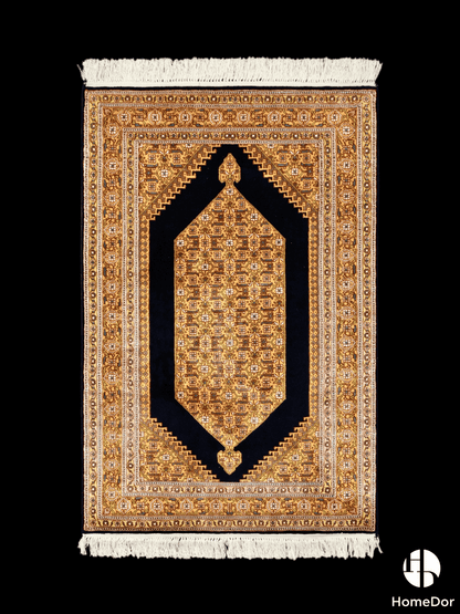 Kashmir Handmade Mulberry Silk Black & Gold Geometric Medallion Rug 60cm × 90cm1