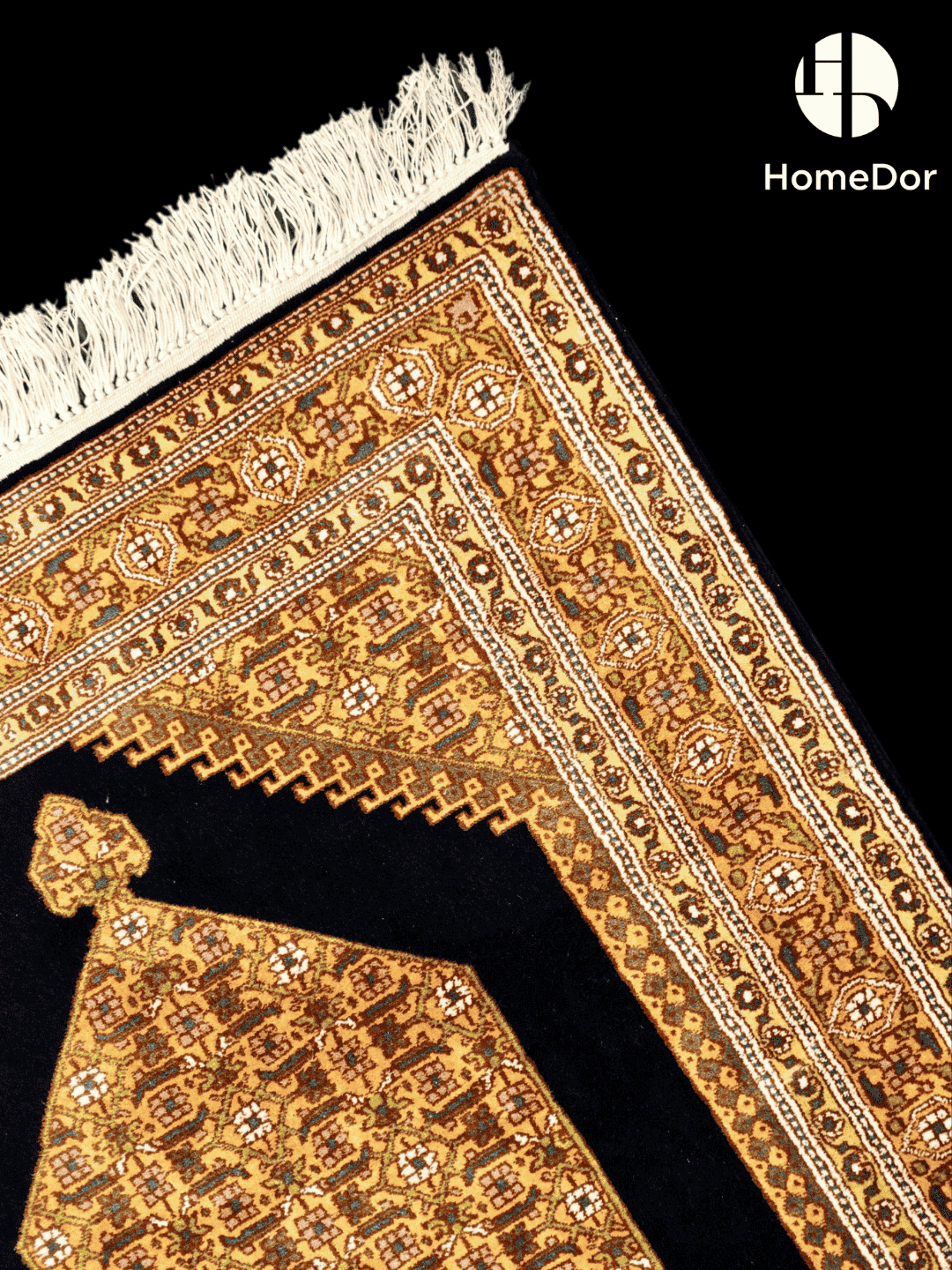 Kashmir Handmade Mulberry Silk Black & Gold Geometric Medallion Rug 60cm × 90cm3