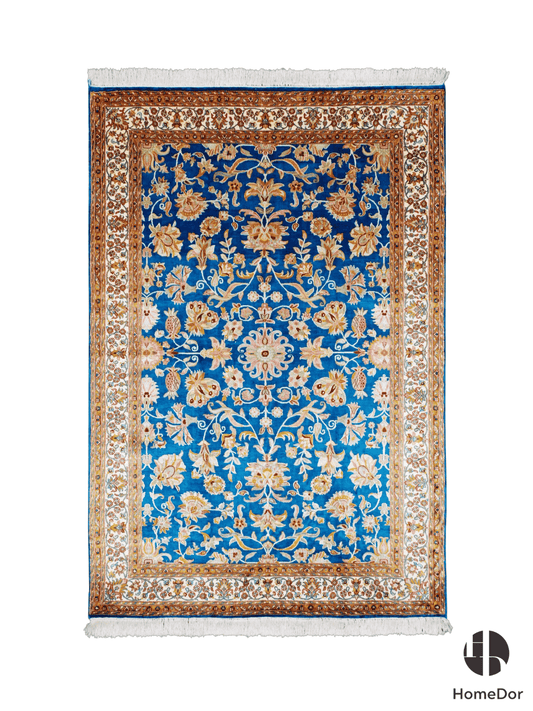 Kashmir Handmade Mulberry Silk Blue Floral Rug 123cm × 168cm