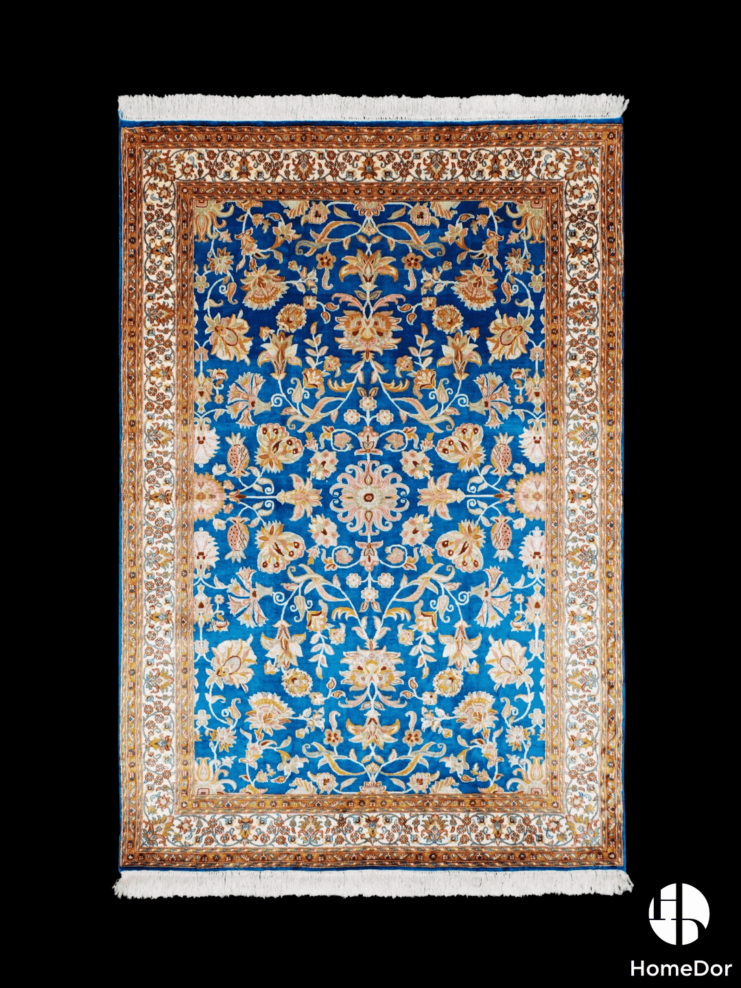 Kashmir Handmade Mulberry Silk Blue Floral Rug 123cm × 168cm1