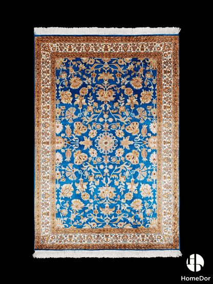 Kashmir Handmade Mulberry Silk Blue Floral Rug 123cm × 168cm1