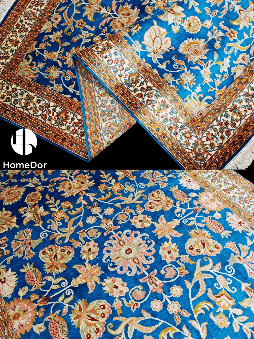 Kashmir Handmade Mulberry Silk Blue Floral Rug 123cm × 168cm2