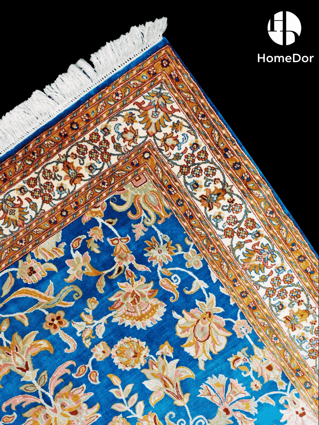 Kashmir Handmade Mulberry Silk Blue Floral Rug 123cm × 168cm3