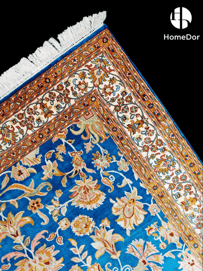 Kashmir Handmade Mulberry Silk Blue Floral Rug 123cm × 168cm3