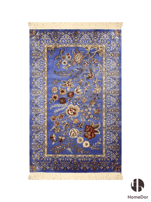 Kashmir Handmade Mulberry Silk Blue Floral Vine Rug 76cm × 123cm