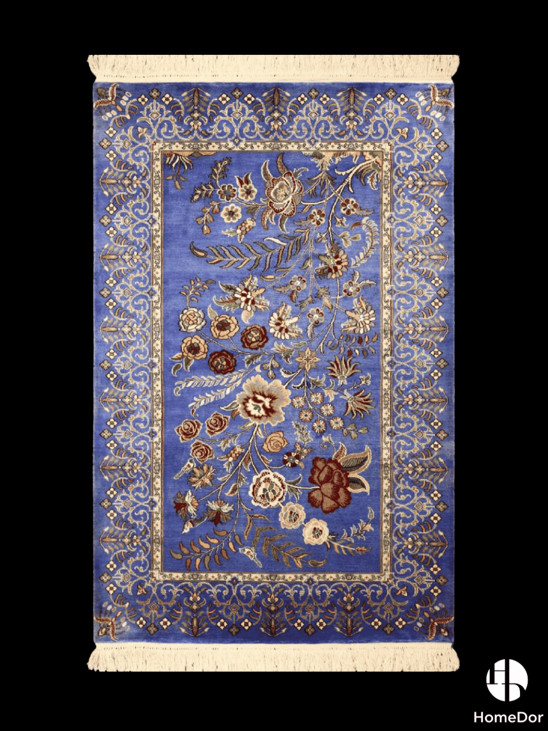 Kashmir Handmade Mulberry Silk Blue Floral Vine Rug 76cm × 123cm2