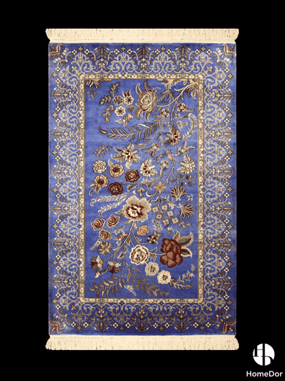 Kashmir Handmade Mulberry Silk Blue Floral Vine Rug 76cm × 123cm2