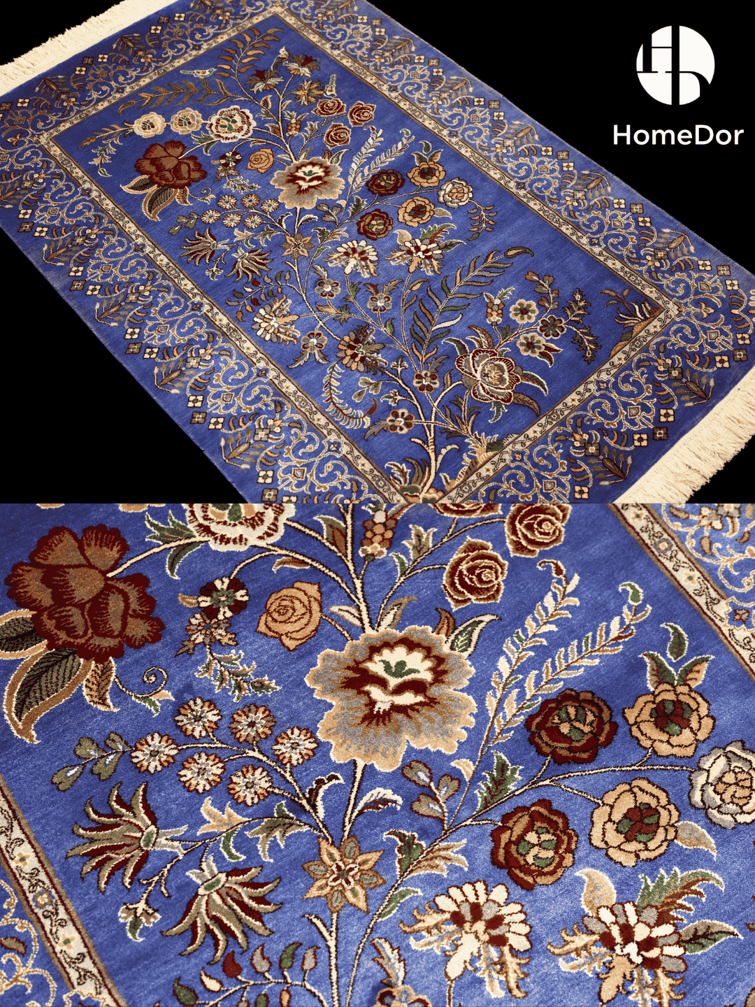 Kashmir Handmade Mulberry Silk Blue Floral Vine Rug 76cm × 123cm3