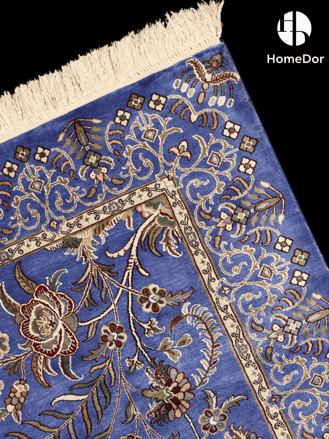 Kashmir Handmade Mulberry Silk Blue Floral Vine Rug 76cm × 123cm4