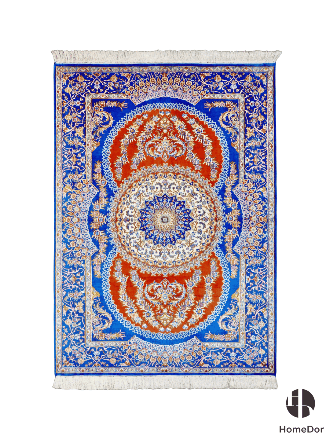 Kashmir Handmade Mulberry Silk Blue & Orange Medallion Rug 129cm × 185cm