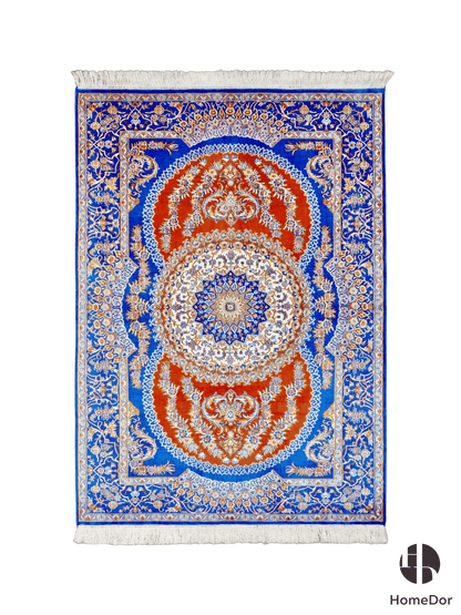 Kashmir Handmade Mulberry Silk Blue & Orange Medallion Rug 129cm × 185cm