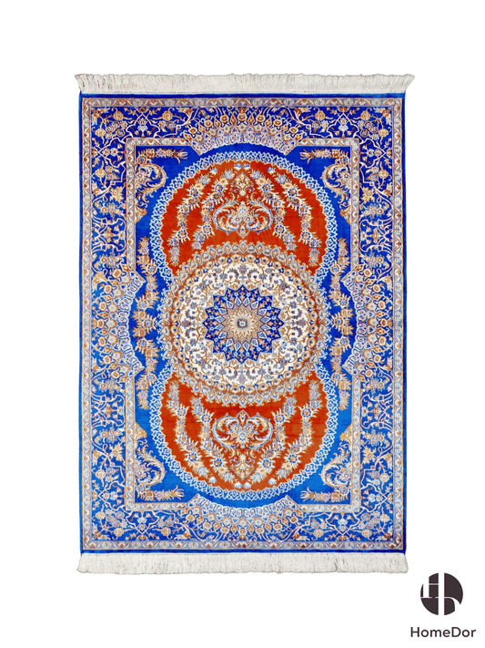 Kashmir Handmade Mulberry Silk Blue & Orange Medallion Rug 129cm × 185cm