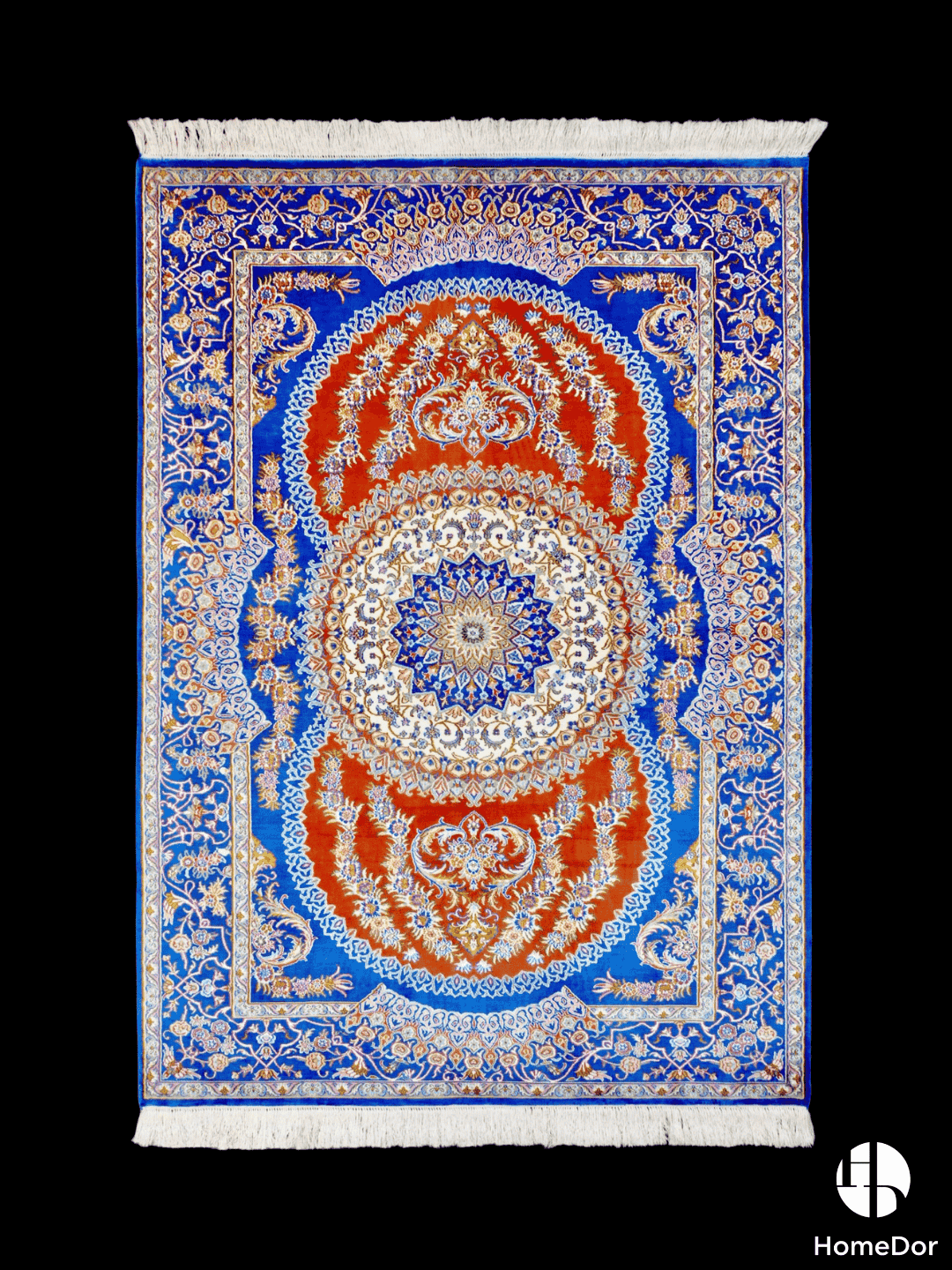 Kashmir Handmade Mulberry Silk Blue & Orange Medallion Rug 129cm × 185c1