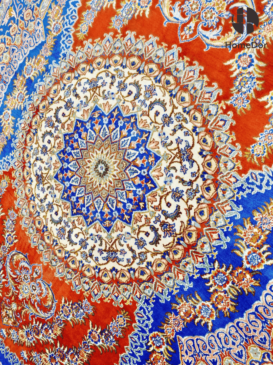 Kashmir Handmade Mulberry Silk Blue & Orange Medallion Rug 129cm × 185cm3