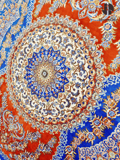 Kashmir Handmade Mulberry Silk Blue & Orange Medallion Rug 129cm × 185cm3