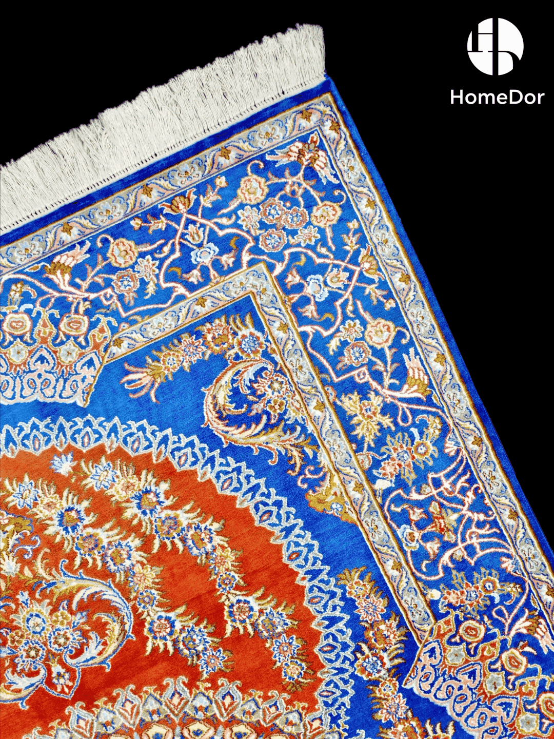 Kashmir Handmade Mulberry Silk Blue & Orange Medallion Rug 129cm × 185cm5