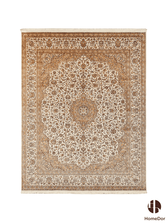 Kashmir Handmade Mulberry Silk Brown Floral Medallion Rug