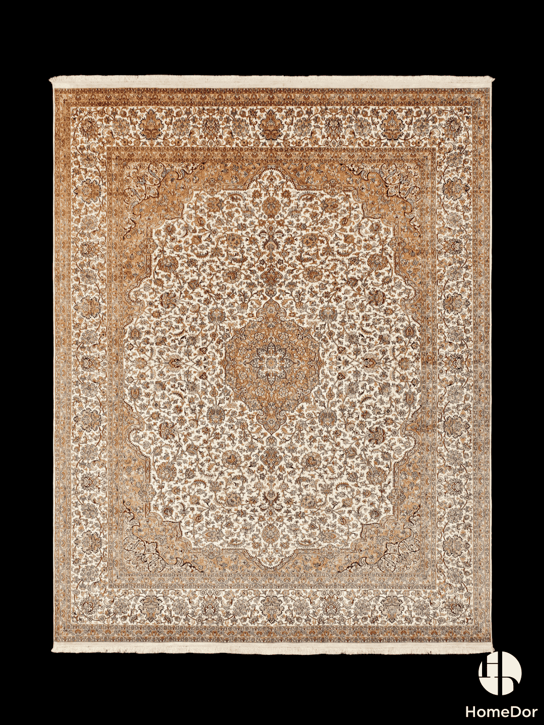 Kashmir Handmade Mulberry Silk Brown Floral Medallion Rug1