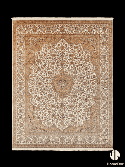 Kashmir Handmade Mulberry Silk Brown Floral Medallion Rug1