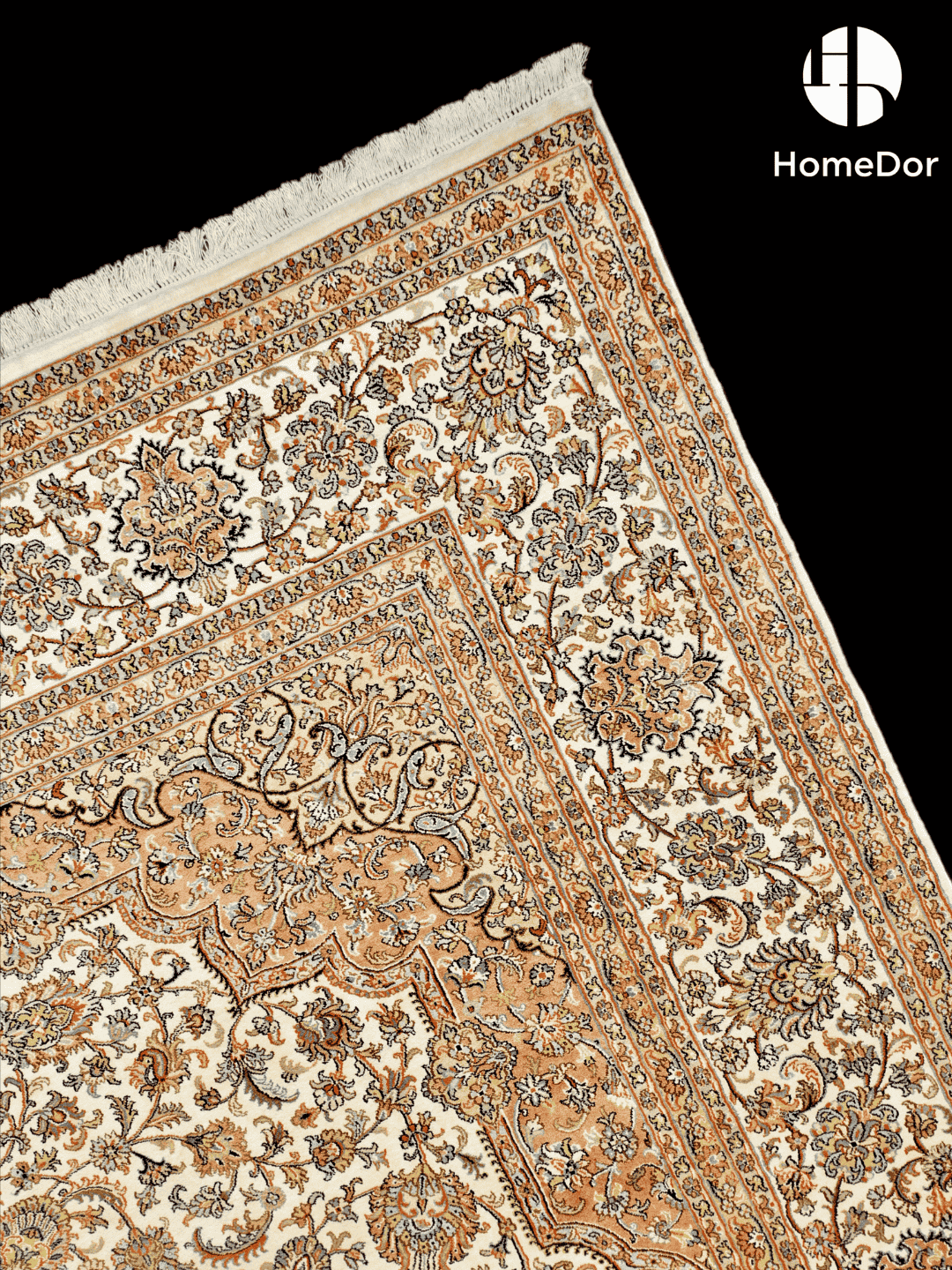Kashmir Handmade Mulberry Silk Brown Floral Medallion Rug3
