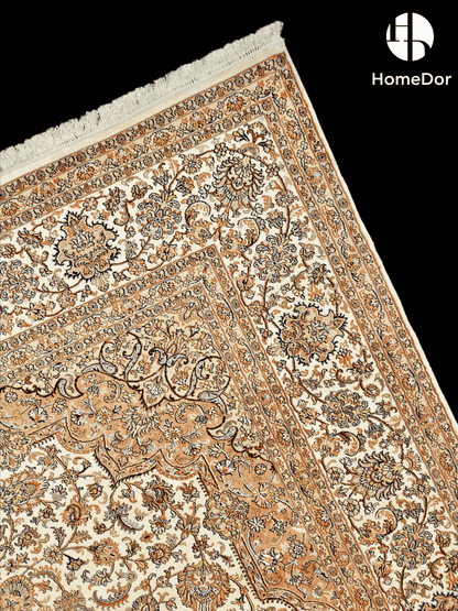 Kashmir Handmade Mulberry Silk Brown Floral Medallion Rug3