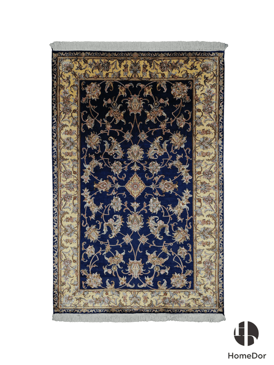 Kashmir Handmade Mulberry Silk Floral Navy Rug 122cm × 181cm