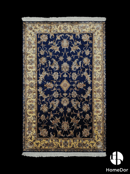 Kashmir Handmade Mulberry Silk Floral Navy Rug 122cm × 181cm1