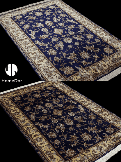 Kashmir Handmade Mulberry Silk Floral Navy Rug 122cm × 181cm4