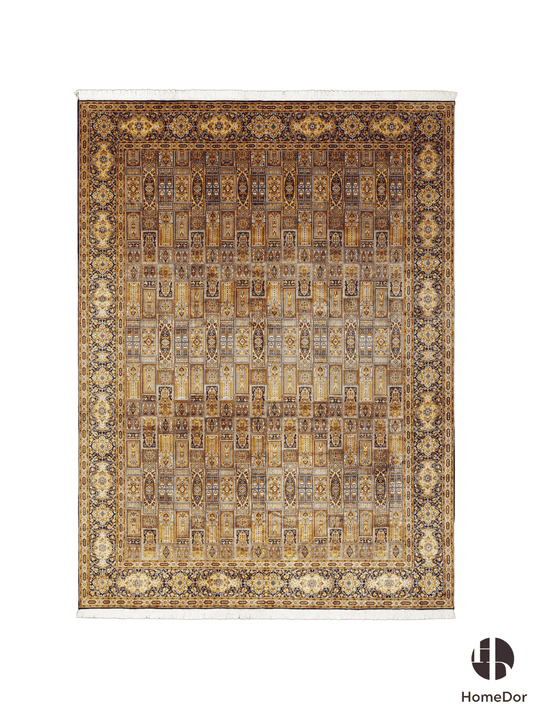 Kashmir Handmade Mulberry Silk Gold Intricate Pattern Rug  272cm × 363cm