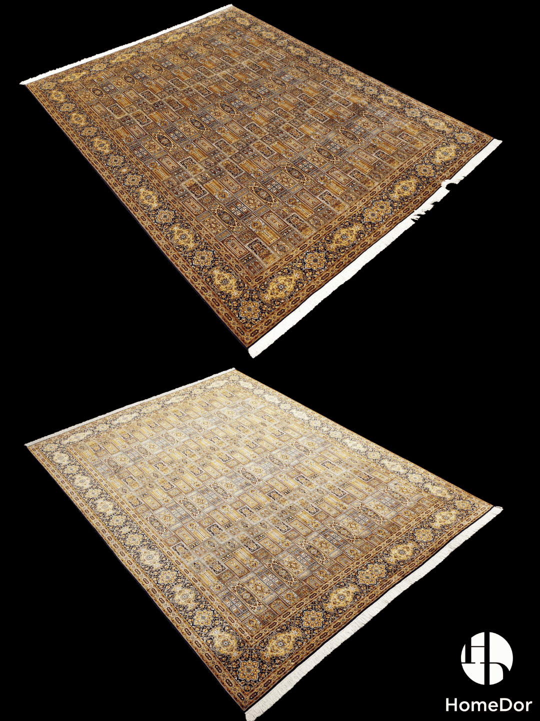 Kashmir Handmade Mulberry Silk Gold Intricate Pattern Rug  272cm × 363cm1