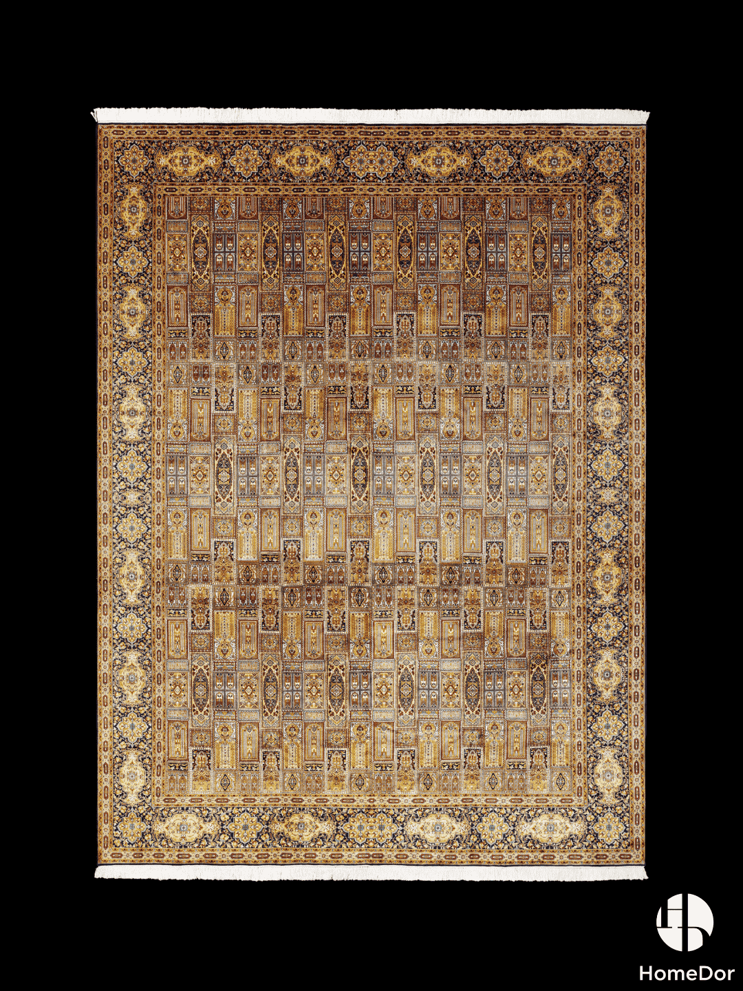 Kashmir Handmade Mulberry Silk Gold Intricate Pattern Rug  272cm × 363cm2