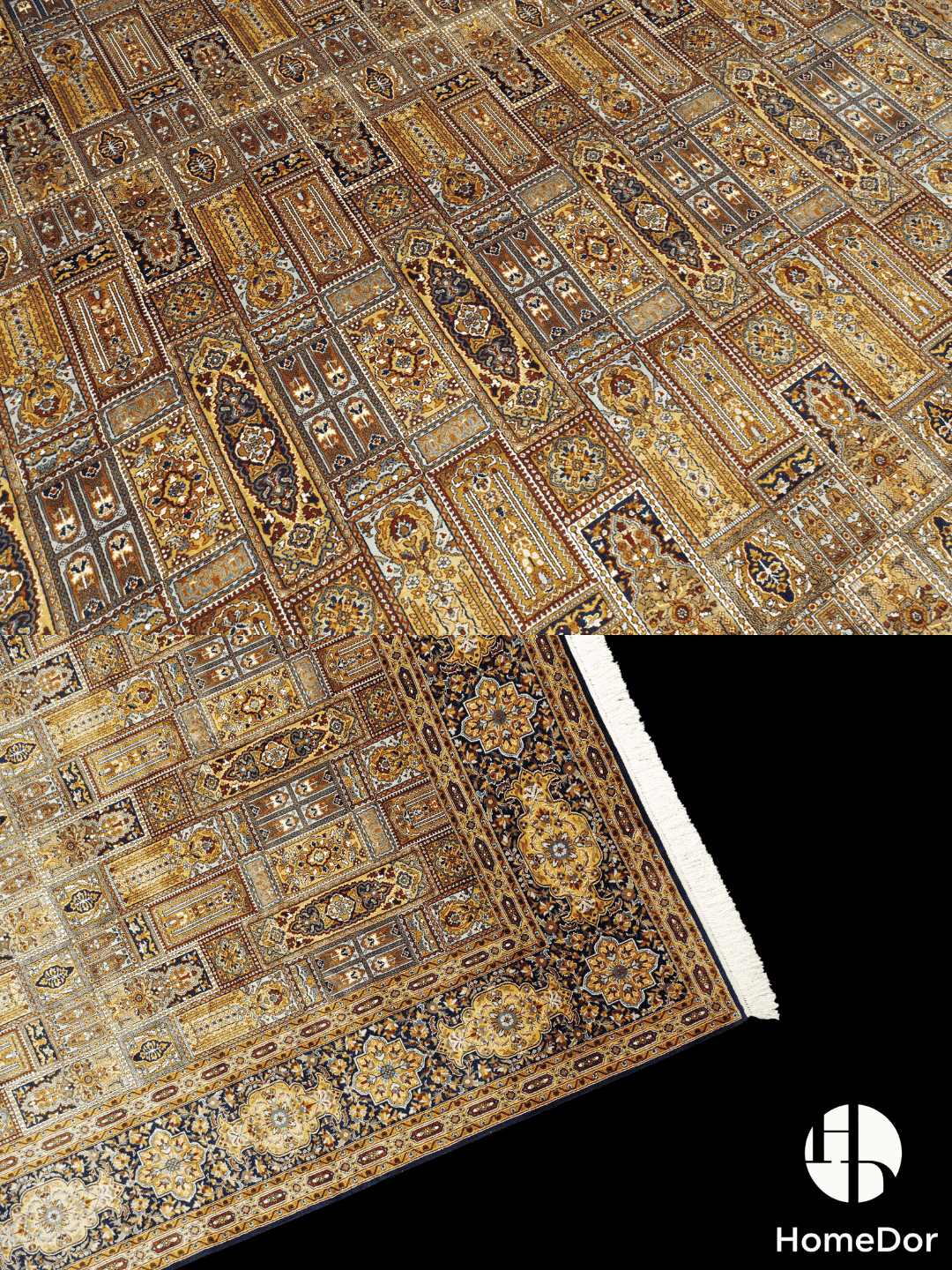 Kashmir Handmade Mulberry Silk Gold Intricate Pattern Rug  272cm × 363cm3