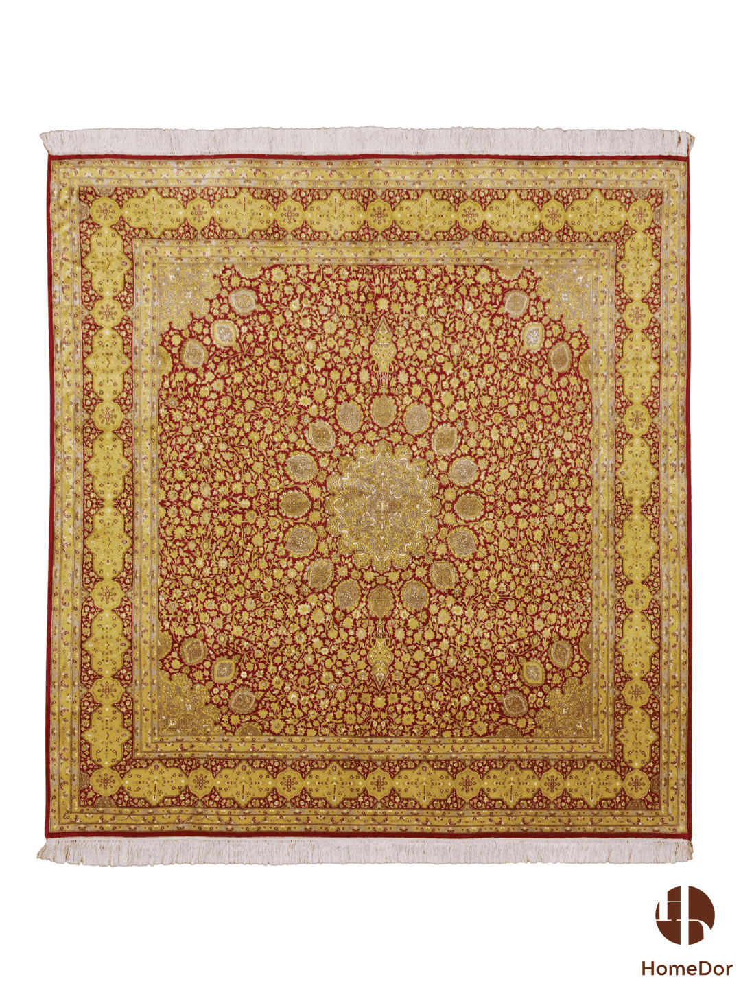Kashmir Handmade Mulberry Silk Luxe Gold Floral Rug  178cm × 189cm