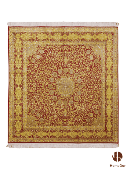 Kashmir Handmade Mulberry Silk Luxe Gold Floral Rug  178cm × 189cm