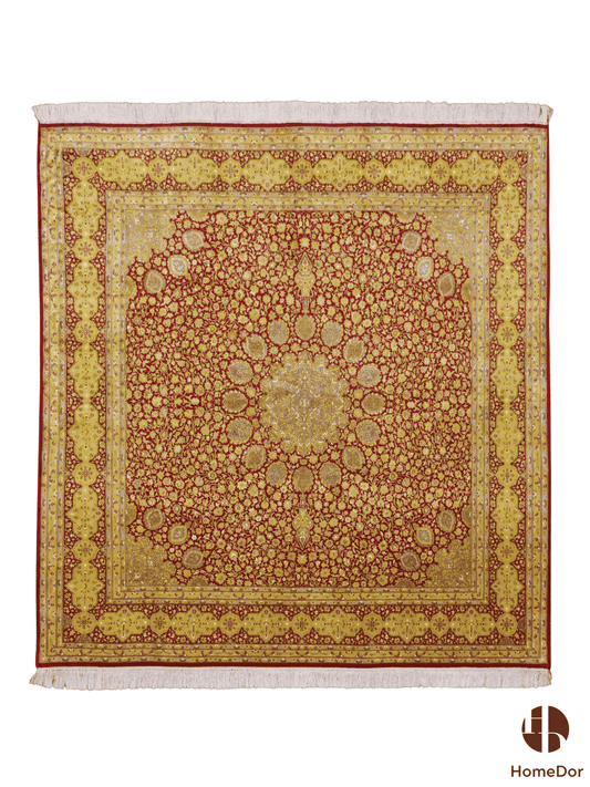 Kashmir Handmade Mulberry Silk Luxe Gold Floral Rug  178cm × 189cm