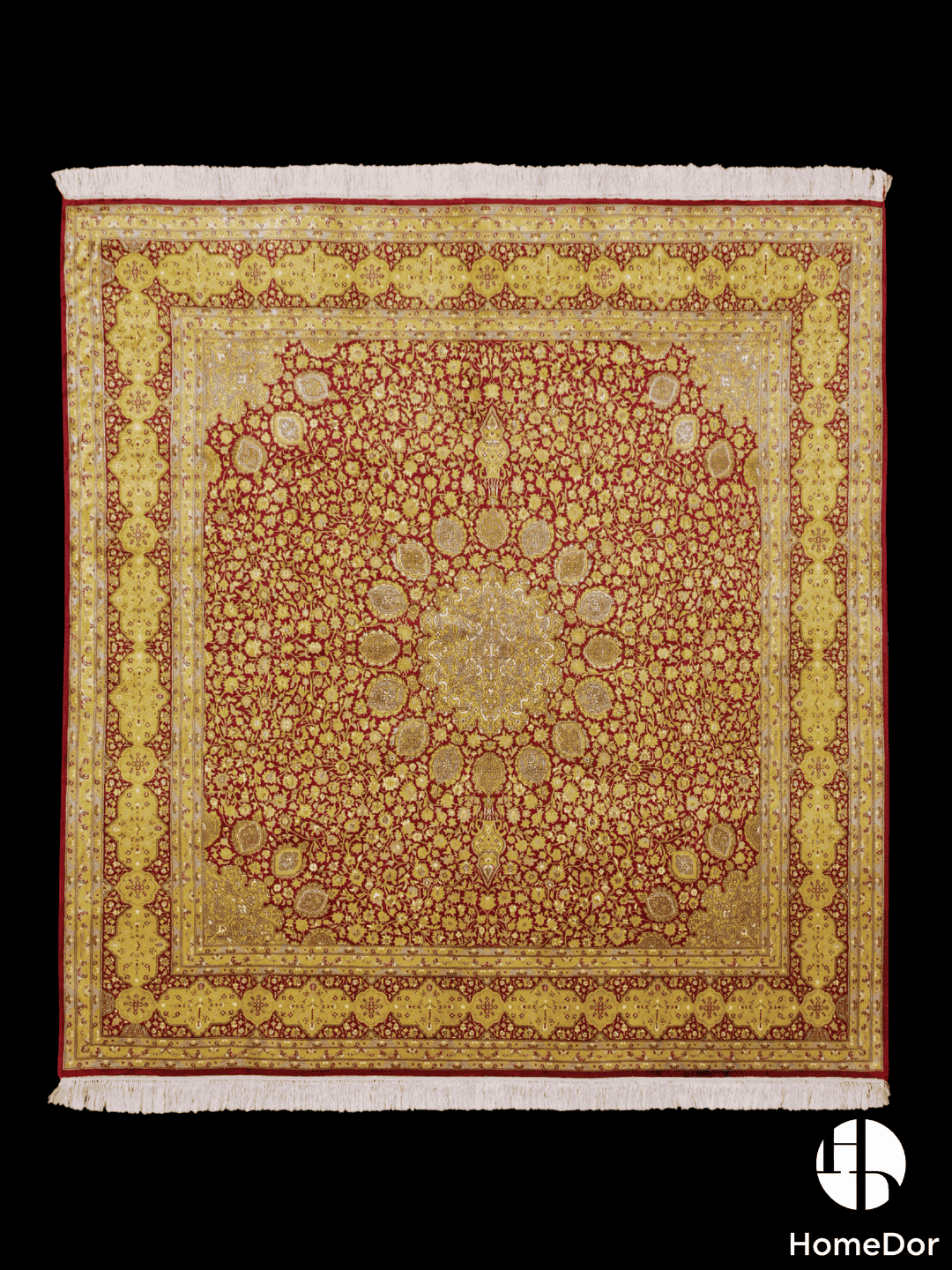 Kashmir Handmade Mulberry Silk Luxe Gold Floral Rug  178cm × 189cm1