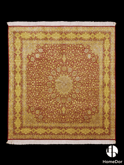 Kashmir Handmade Mulberry Silk Luxe Gold Floral Rug  178cm × 189cm1
