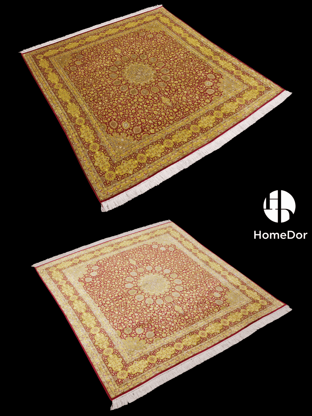 Kashmir Handmade Mulberry Silk Luxe Gold Floral Rug  178cm × 189cm