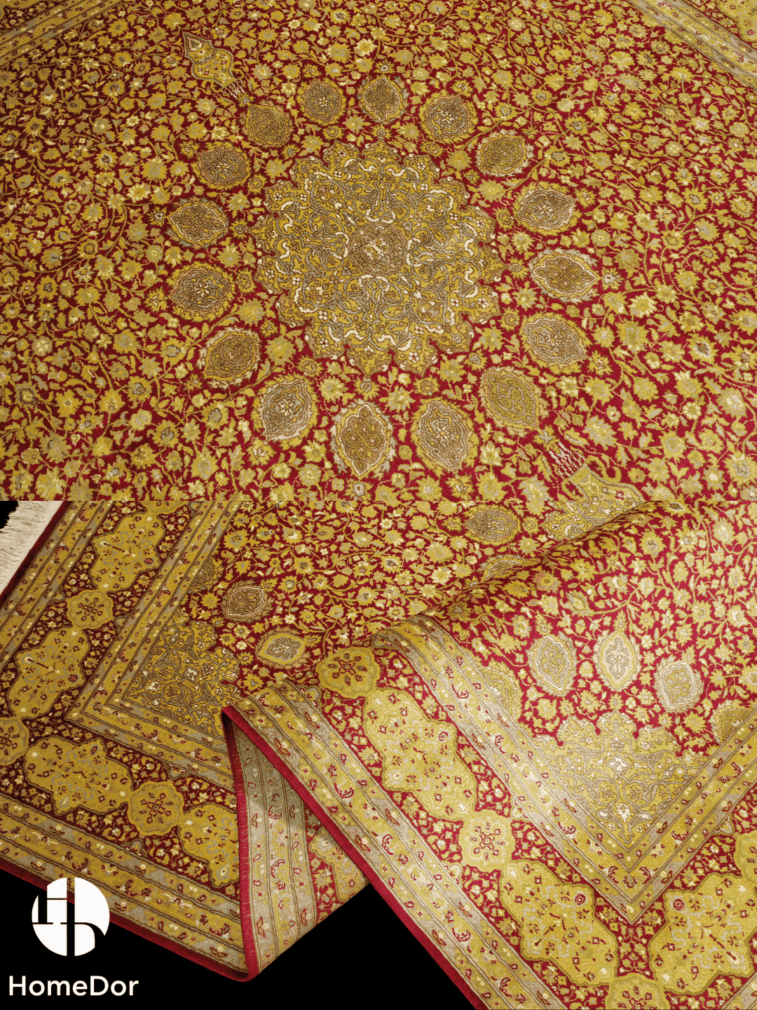Kashmir Handmade Mulberry Silk Luxe Gold Floral Rug  178cm × 189cm3