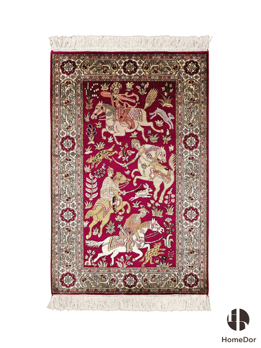 Kashmir Handmade Mulberry Silk Magenta Hunting Scene Rug  75cm × 117cm