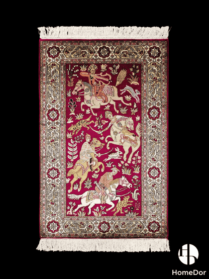 Kashmir Handmade Mulberry Silk Magenta Hunting Scene Rug  75cm × 117cm1