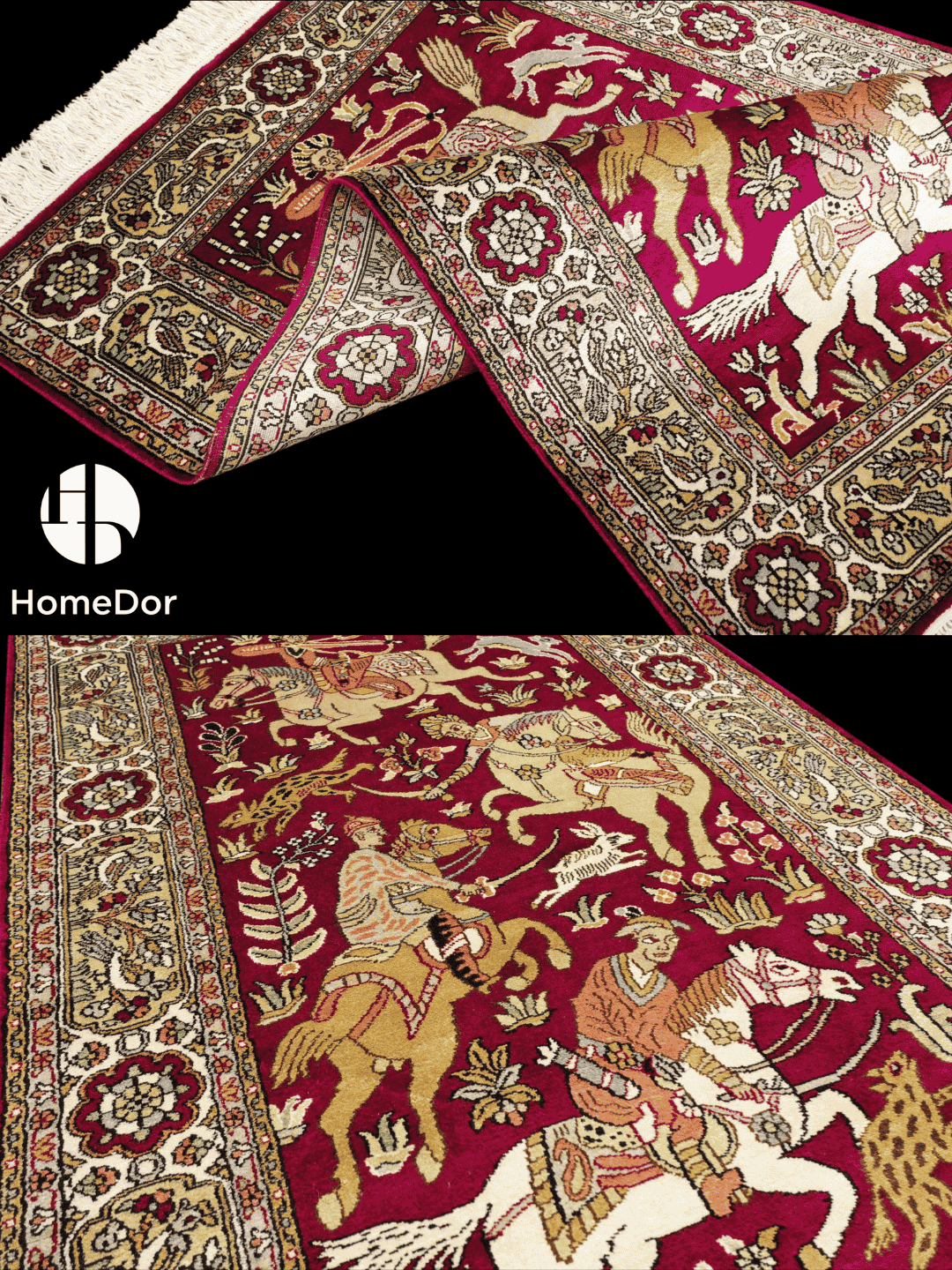 Kashmir Handmade Mulberry Silk Magenta Hunting Scene Rug  75cm × 117cm2