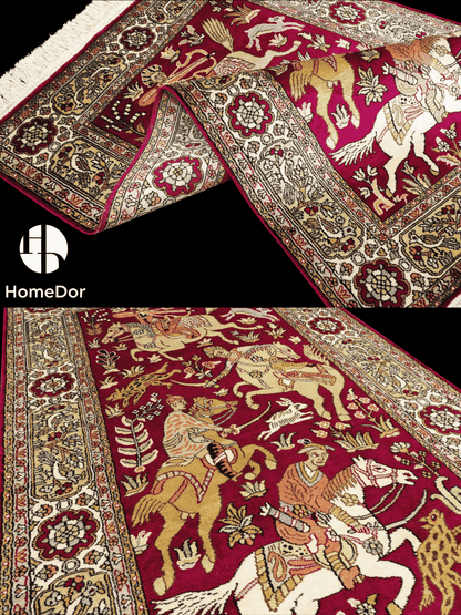 Kashmir Handmade Mulberry Silk Magenta Hunting Scene Rug  75cm × 117cm2