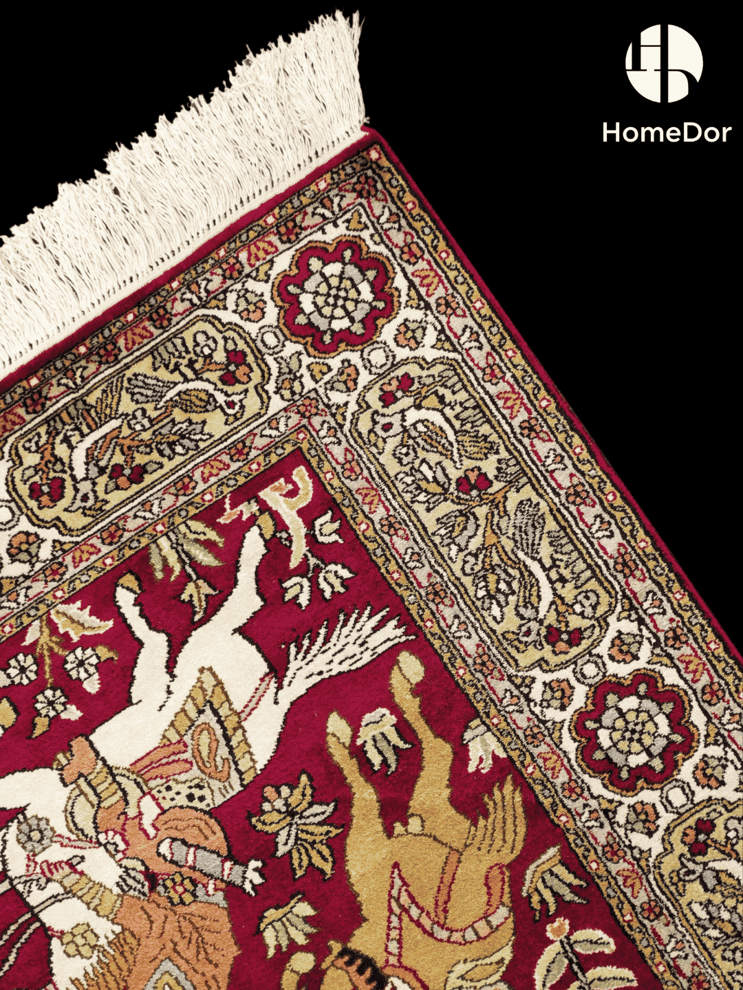 Kashmir Handmade Mulberry Silk Magenta Hunting Scene Rug  75cm × 117cm3