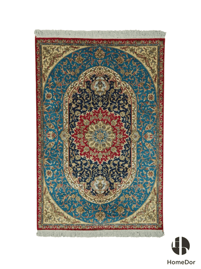Kashmir Handmade Mulberry Silk Medallion Teal Rug 122cm x 181cm