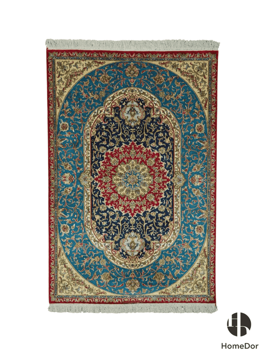 Kashmir Handmade Mulberry Silk Medallion Teal Rug 122cm x 181cm