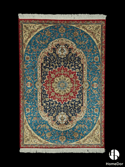 Kashmir Handmade Mulberry Silk Medallion Teal Rug 122cm x 181cm1