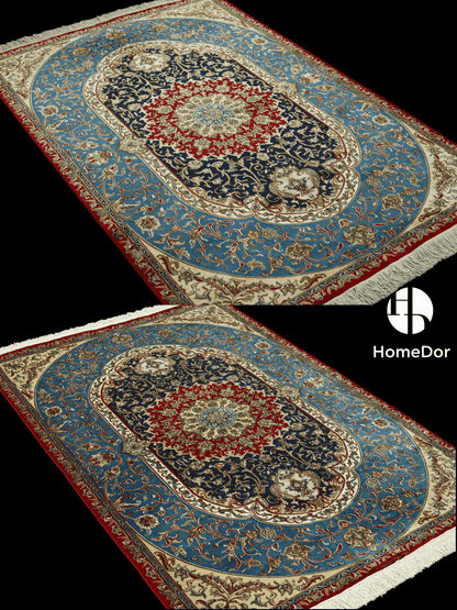 Kashmir Handmade Mulberry Silk Medallion Teal Rug 122cm x 181cm3