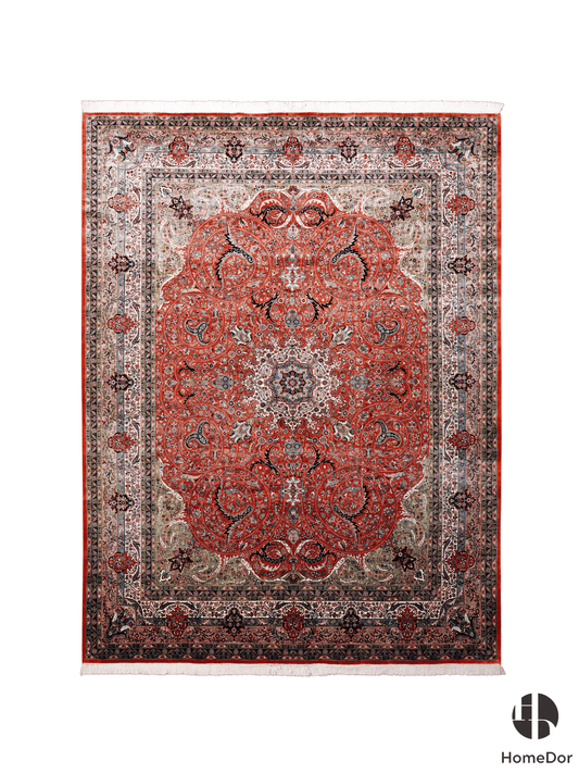 Kashmir Handmade Mulberry Silk Red Central Medallion Rug  274cm × 372cm