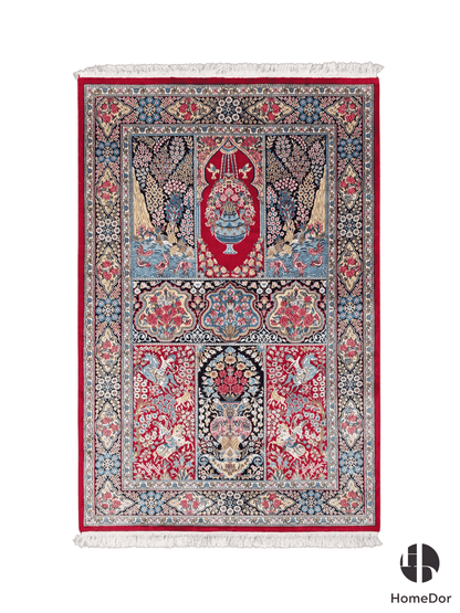 Kashmir Handmade Mulberry Silk Red Floral & Scenic Panel Rug 119cm × 180cm